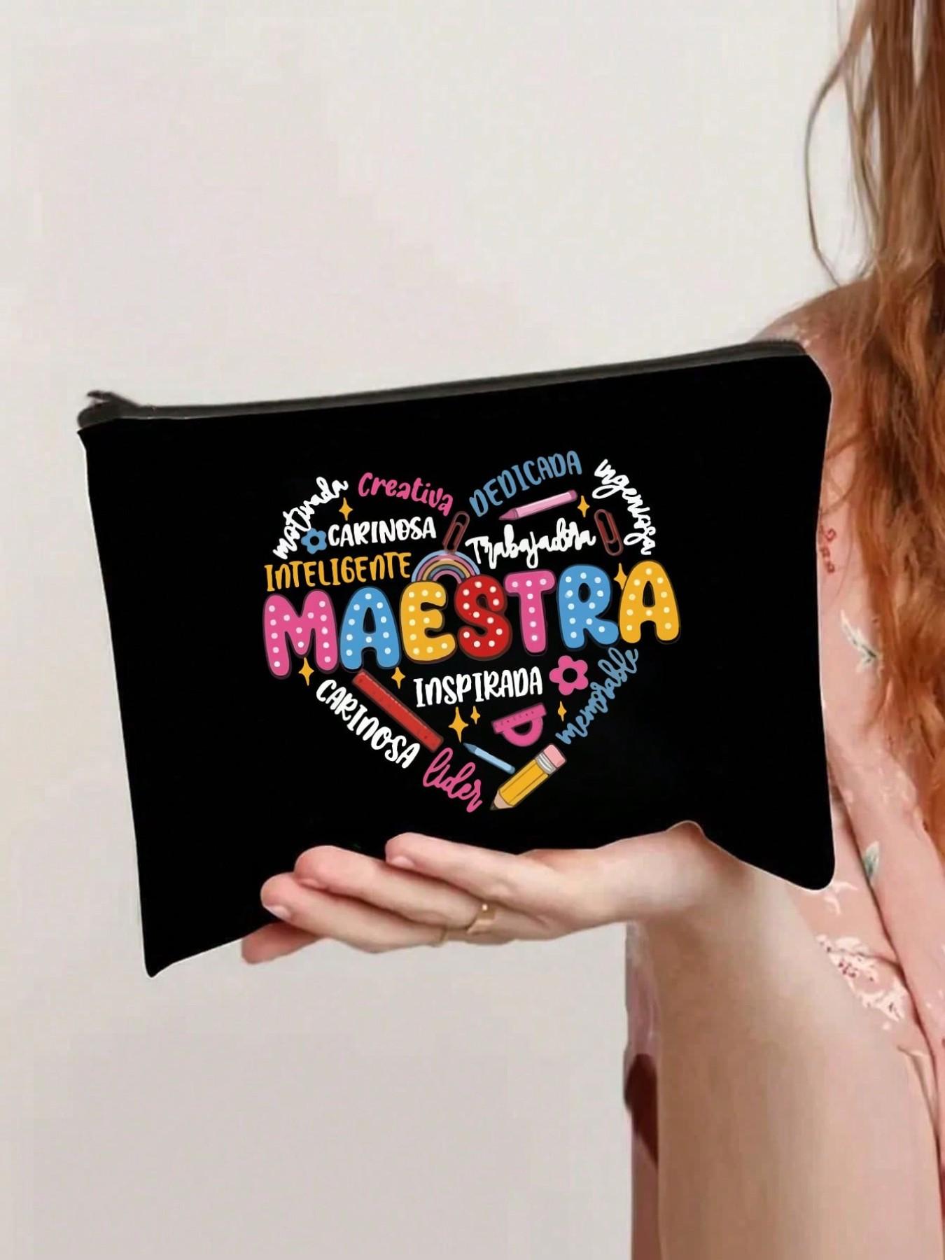 Maestra Theme Tote Bag and Makeup Pouch Set, Heart, Pencil, Ruler, Flower, Paperclip Patterns, Large Capacity Linen Shopping Bag, Skincare Organizer