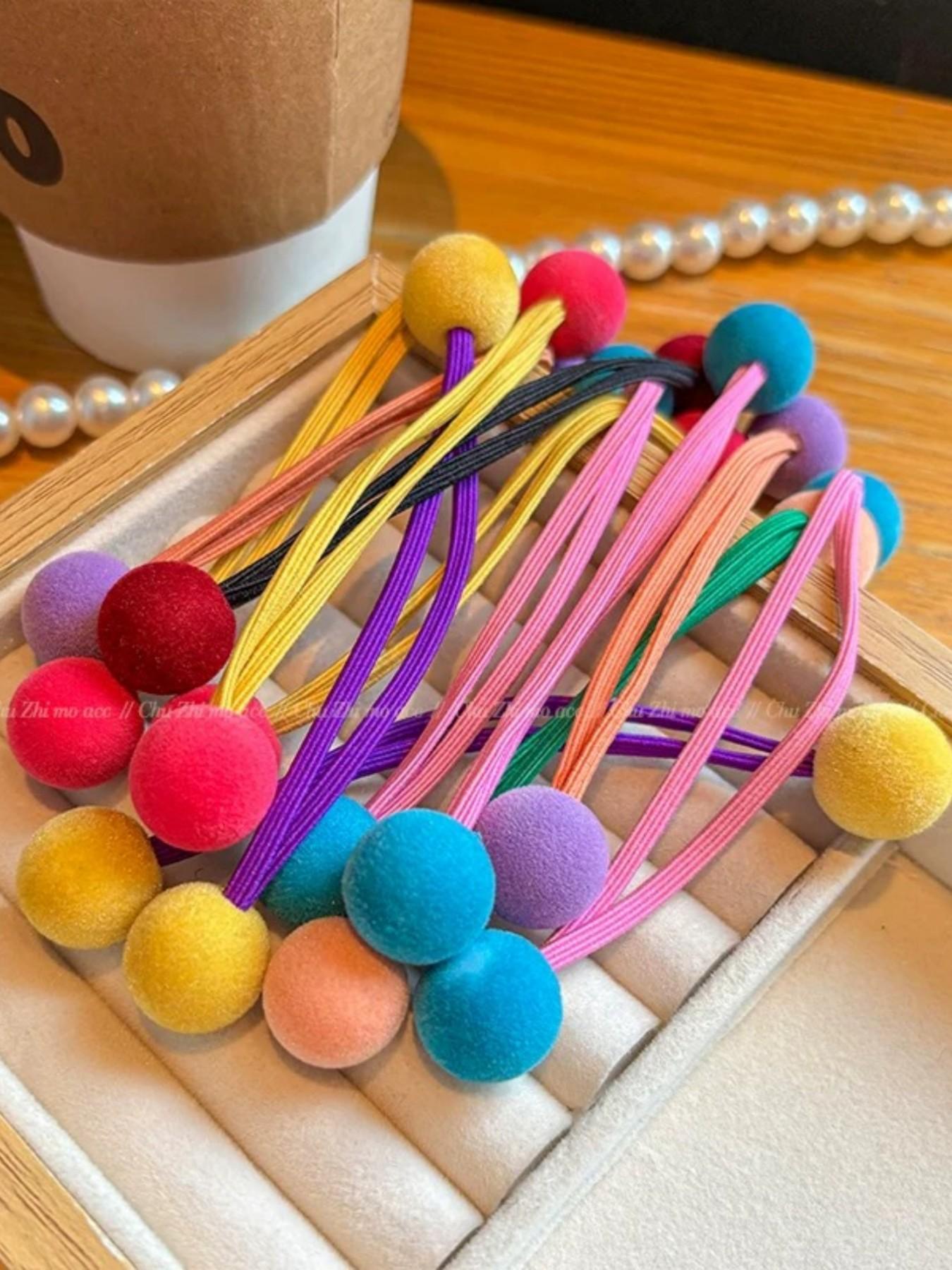 10pcs/Pack Colorful Pom Pom Elastic Hair Scrunchies, Elastic Band Scrunchies, Flocked Candy Color, Non-Damaging, Sturdy For Everyday Use, Autumn/Winter Hair Ties, No Damage Hair Ties, Hair Accessories Set