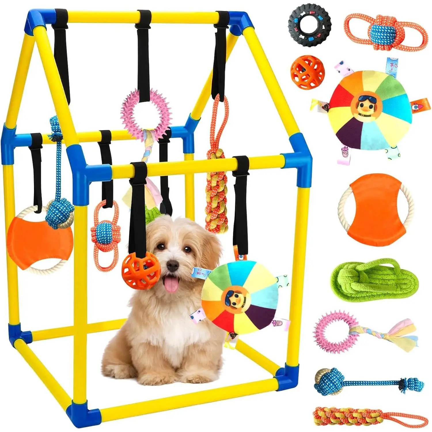 Puppy Play Gym with 9 Hanging Toys, Interactive Dog Enrichment Playground, Removable Indoor Training Activity Center for Puppies & Small Dogs, Adjustable PVC Frame, Teething & Squeaky Toys Included