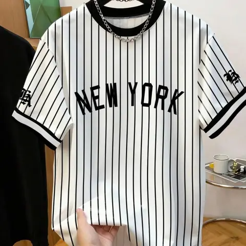 Men's Summer Striped Baseball T-Shirt, Athletic Fit Shirts, Athletic Tops, Athletic Streetwear, American Vintage Street Style Round Neck Short Sleeve, Casual Daily Wear Sportswear, Athletic Tee, Athletic Fitted Tee, Short Sleeved