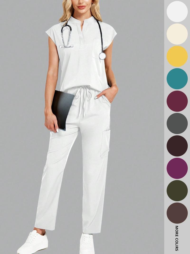 Cimmuovere Women's Solid Notched Neck Batwing Sleeve Top & Drawstring Waist Pants Two-Piece Scrub Set, Casual Cap Sleeve Top & Pocket Trousers for Summer, Vital Scrub Top, Women's Uniforms for Work, Medical Scrub Sets