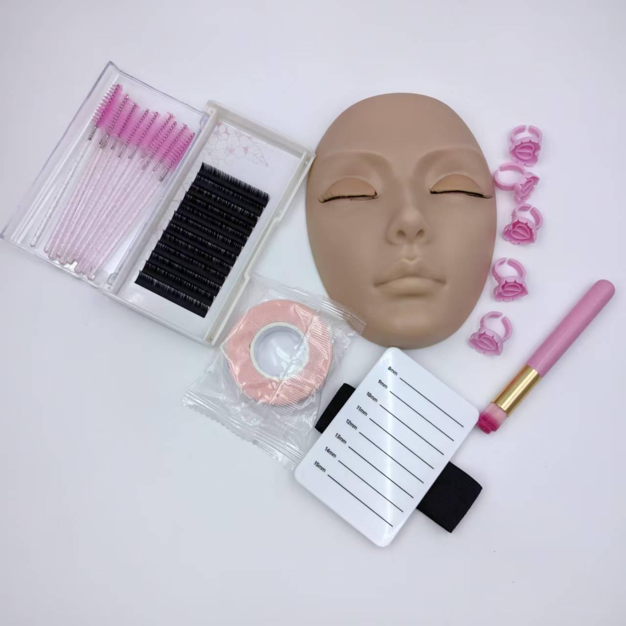 Portable False Eyelash Cosmetic Practice Set with Head Model, Eyelash Box, Adhesive Tape, Eyelash Glue, Mousse Brush, and Rings, Ideal for Eyelash Application Training