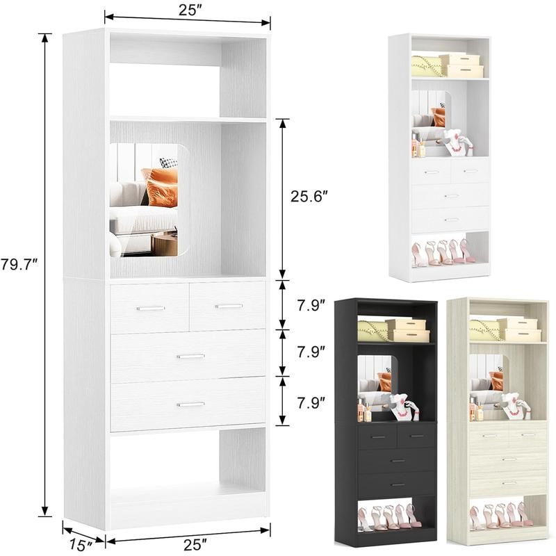 Cyclysio 75” Closet System with Shoe Rack and Hanging Rods, Modern Walk-in Closet Organization Wardrobe with Wooden Drawers and Mirror and Shelves Cyclysio 75” Closet System with Shoe Rack and Hanging Rods, Modern Walk-in Closet Organization Wardrobe with Wooden Drawers and Mirror and Shelves