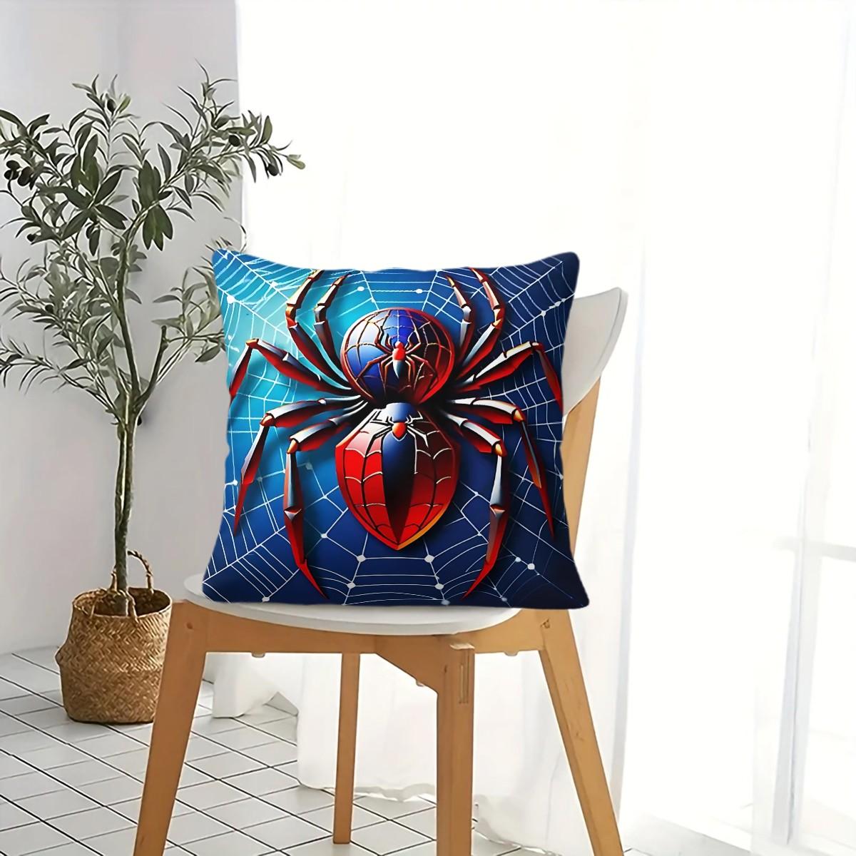 Large Spider Pattern Digitally Printed Throw Pillow (With Insert), 45cm Square Pillow, Featuring a Blue Sphere and Red Shield Design, Suitable for Sofas and Bedrooms, Eye-Catching and a Unique Cushion for Spider Enthusiasts.
