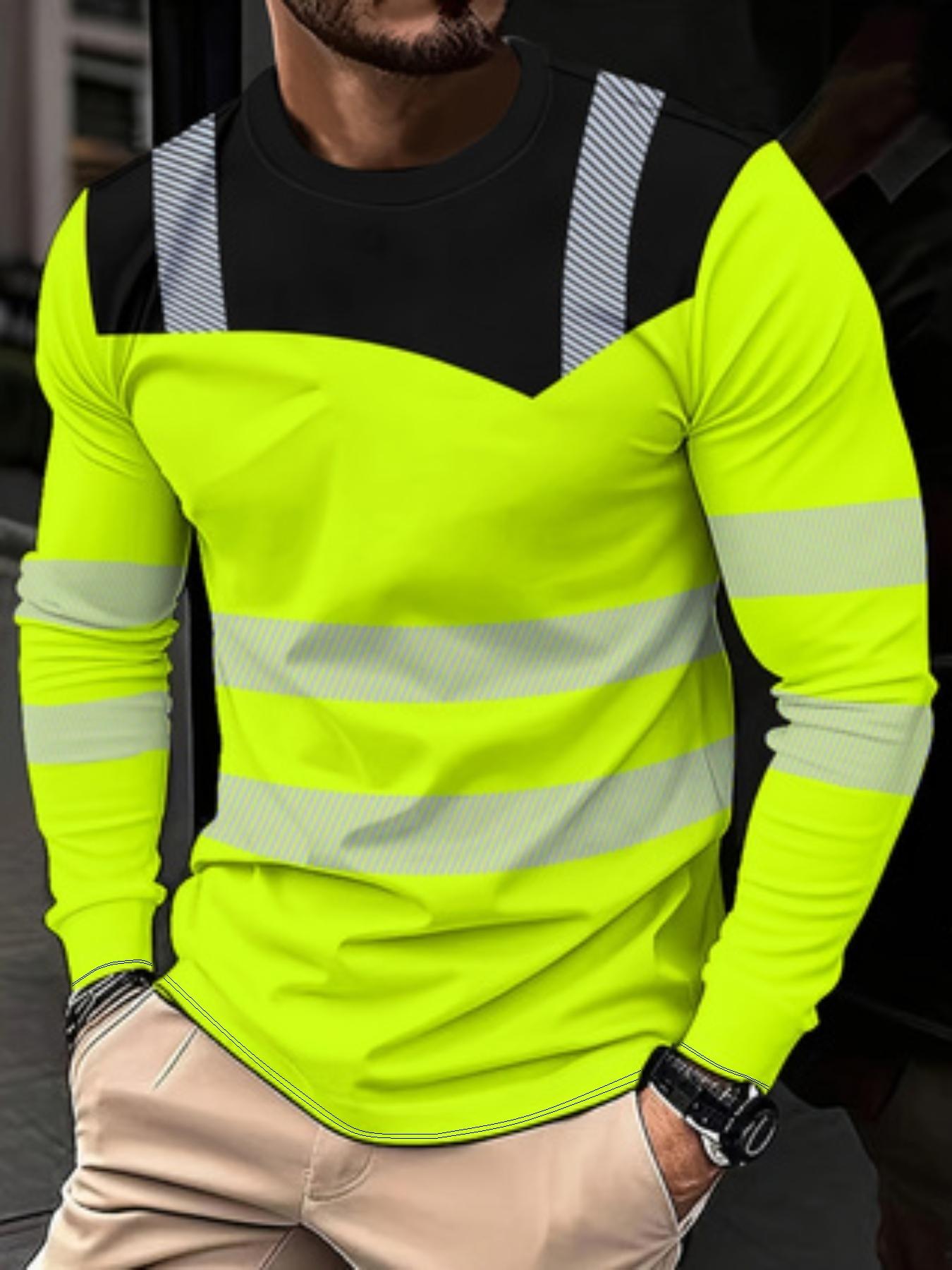 Men's Sport Long Sleeve T-Shirt, High Performance Activewear, Athletic Activewear, Fluorescent Color Patchwork Quick-Dry Top, Fashion Fitted Short Length, Athletic Sports Clothing, Spring & Fall Wear, Sports Tops
