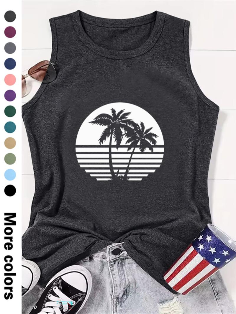 Women's Coconut Tree Print Round Neck Tank Top, Lounge Tank Top, Graphic Top, Casual Sleeveless Top for Beach Vacation Holiday, Ladies Clothes for All Seasons