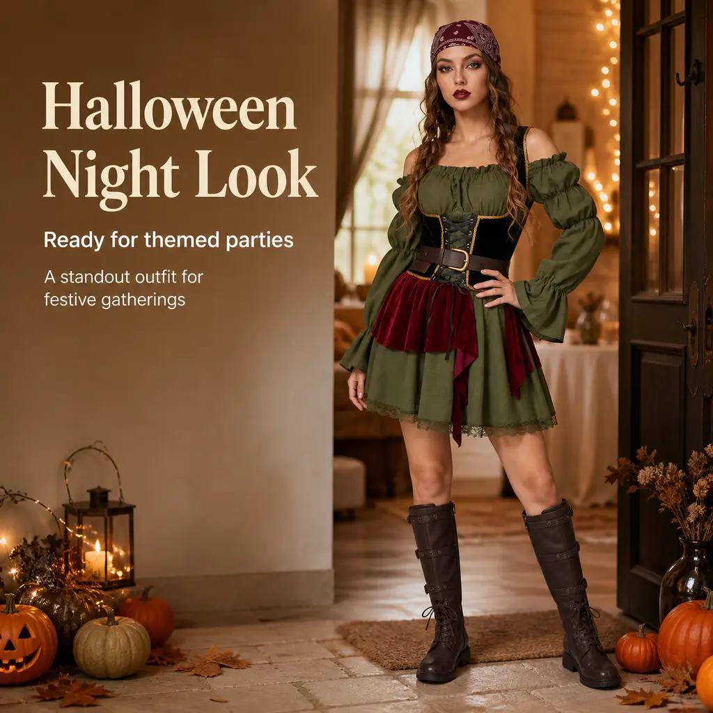Medieval Pirate Maiden Costume Long Puff Sleeve Short Dress for Halloween Party