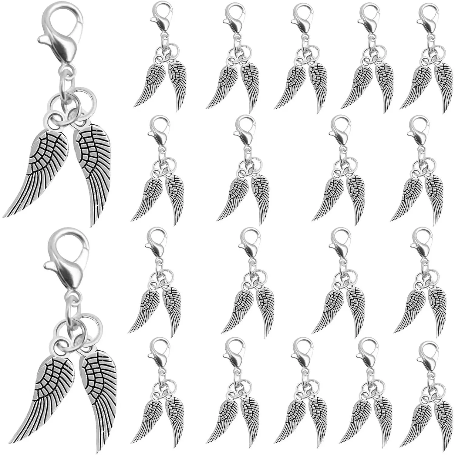 FORWOMLM 20 Sets of Angel Wing Clip on Charms with Lobster Clasp Antique Silver Double Wings Dangle Pendant Clasps Hanging Ornaments for DIY Earrings Keychains Crafts Jewelry Making
