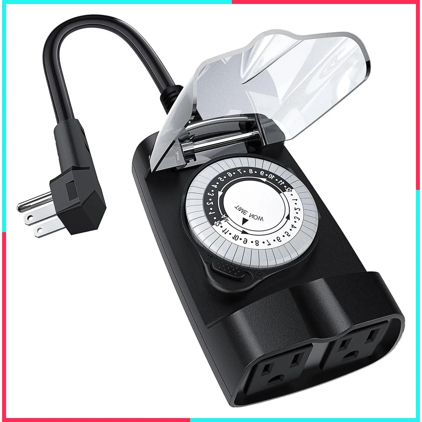 Outdoor Timer Waterproof, 24 Hour Light Timer for Electrical Outlets, Ideal for Pool Pump and Christmas Lights, Heavy Duty with 2 Grounded Outlets, ETL Listed, Black