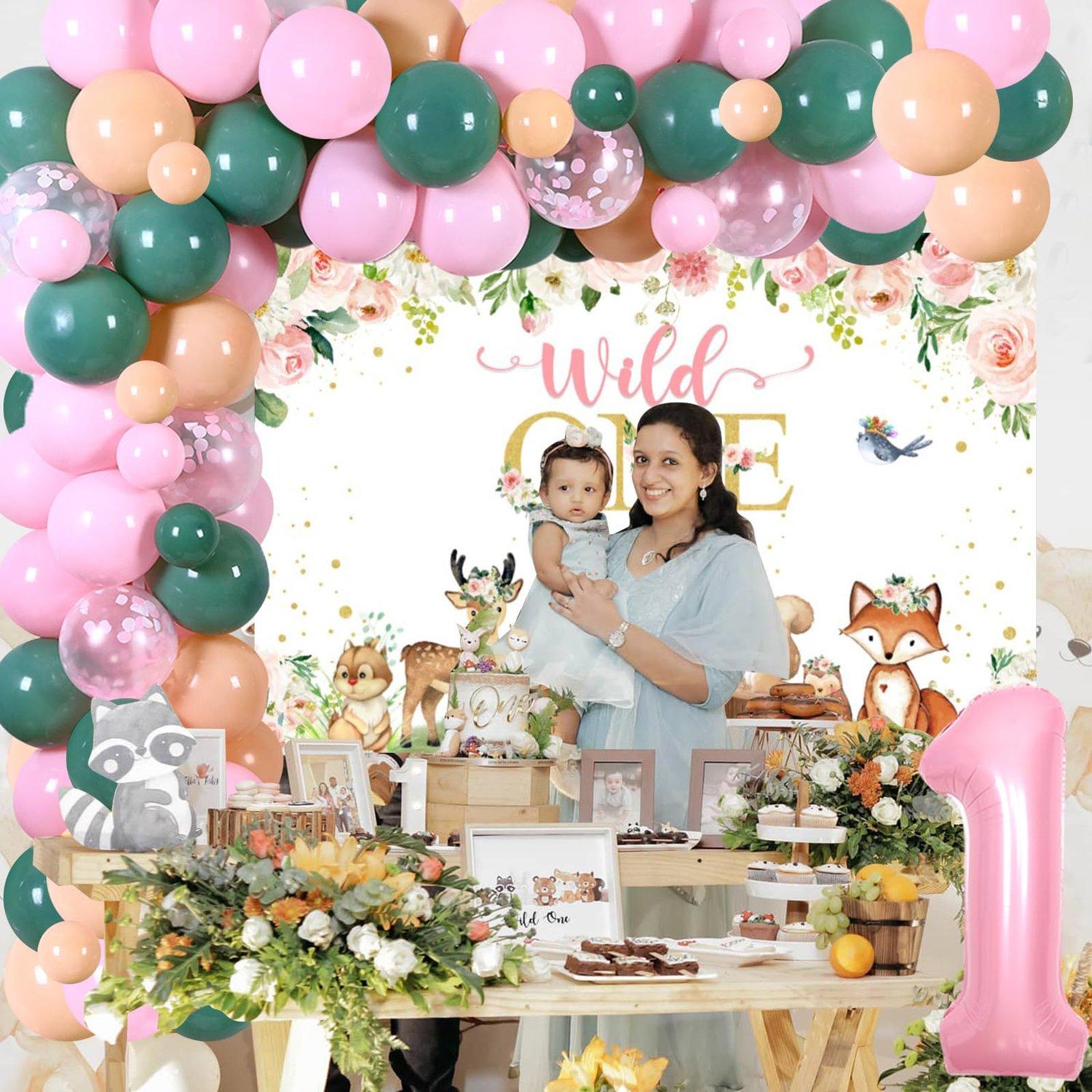 1Set Woodland 1anniversary birthday decorations Wild One Balloon Garland Arch Kit with Backdrop for Forest Animals Woodland Creatures First Party Supplies