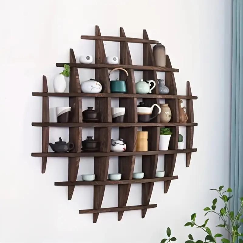 Solid Wood Chinese Tea Cup Holder, Wall Mounted Teapot Display Stand, Wall Decoration Teaware Shelf Storage Rack for Living Room Kitchen Office Commercial