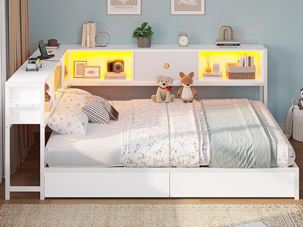 Hasuit Corner Twin Bed Frame with Storage Drawers and Bookcase Headboard, Twin Size Metal Platform Corner Bed Frame with Charging Station and LED Lights, Twin Daybed for Kids Teens Guests