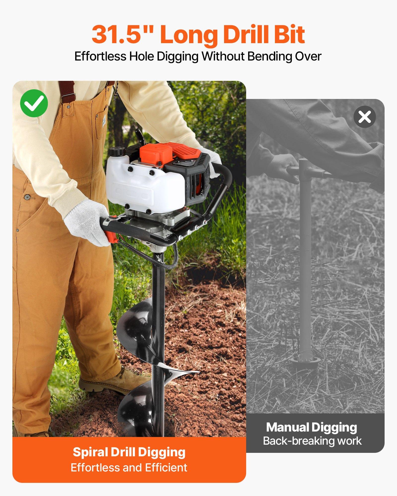 【Summerfinds】VEVOR 52cc Engine Gas Powered Alloy Steel Digger, Quick Shut-Off 1450W Heavy-Duty Post Digging Earth Auger with 6" & 10" Bits, 3 Extension Rods, Abundant Accessories, EPA Listed for Fence Posts, Planting