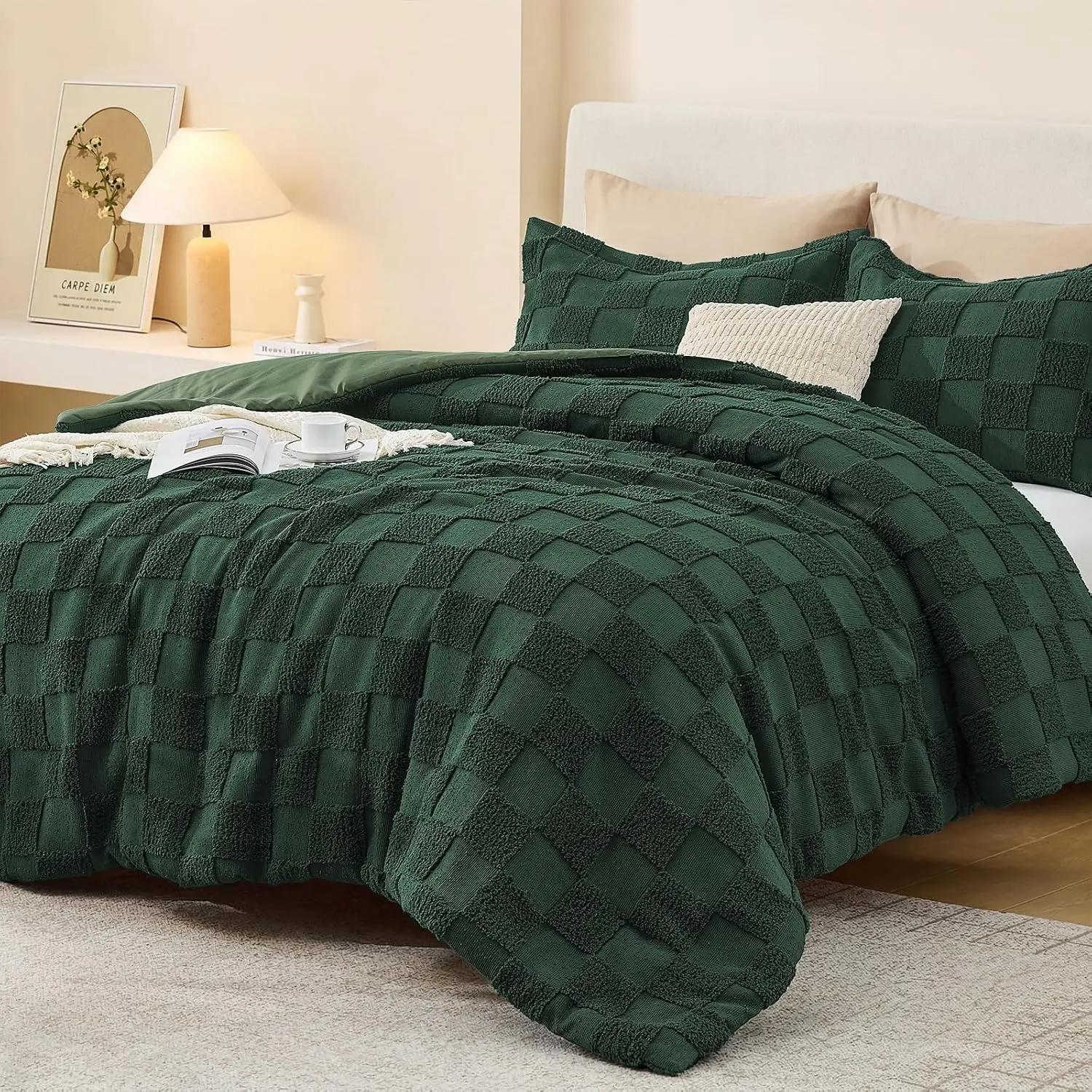 Comforter Set, 3 count Boho Tufted Bed, Checkered Bedding, Green
