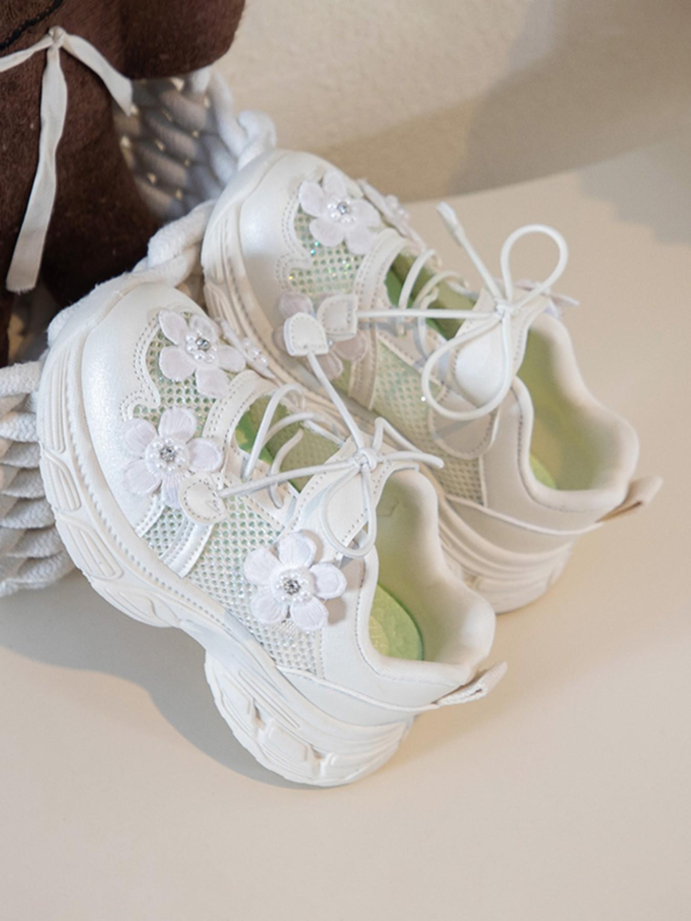 Girls' Floral Mesh Running Shoes, Breathable Anti-Slip Thick Sole, Cute Princess Style, Ages 2-12, Comfortable Kids Sports Shoes