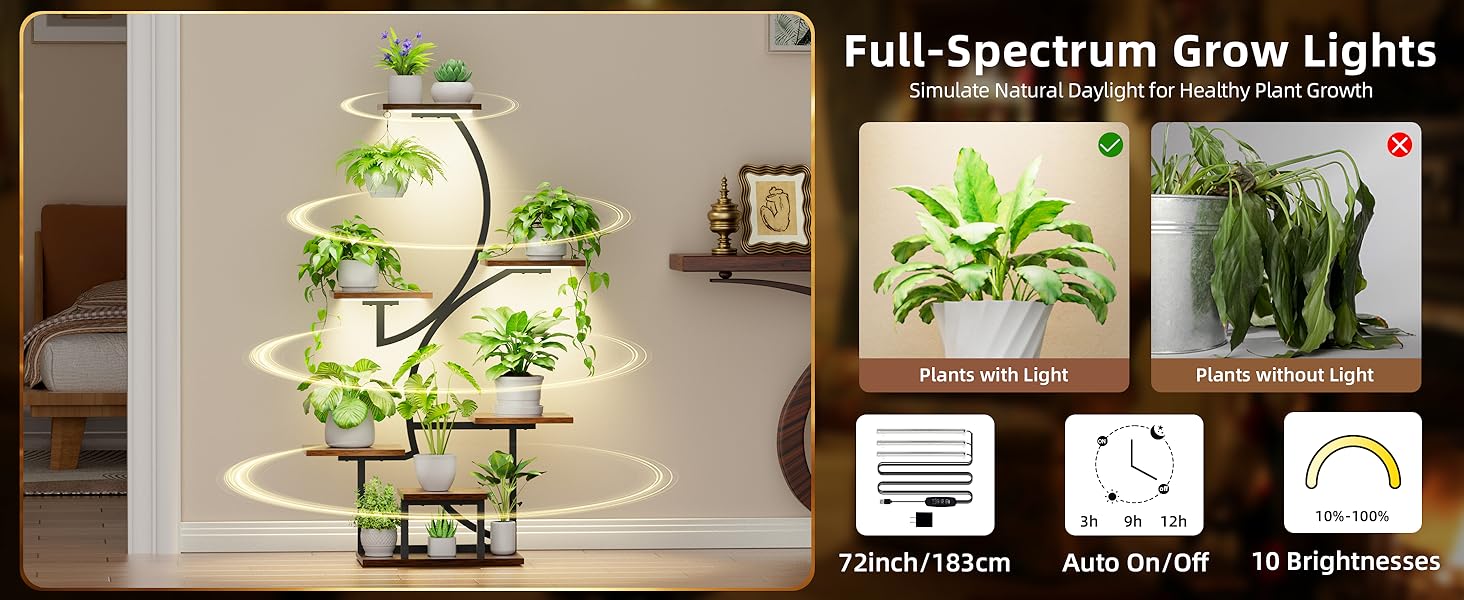 Plant Stand with Grow Lights, 44" 7 Tier Corner Shelf for Flower Display, S-Shaped Rack for Home, Living Room