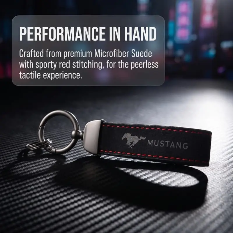 1‑Pack Faux Suede PU Car Key Fob Keychain, Heavy‑Duty Metal Snap Hook Wear‑Resistant Key Ring Holder, Anti‑Lost Interior Styling Accessory, Compatible with Mustang,Mustang Dark Horse,Mustang Mach‑E, For Muscle Car & EV Daily Use & Appearance Upgrade