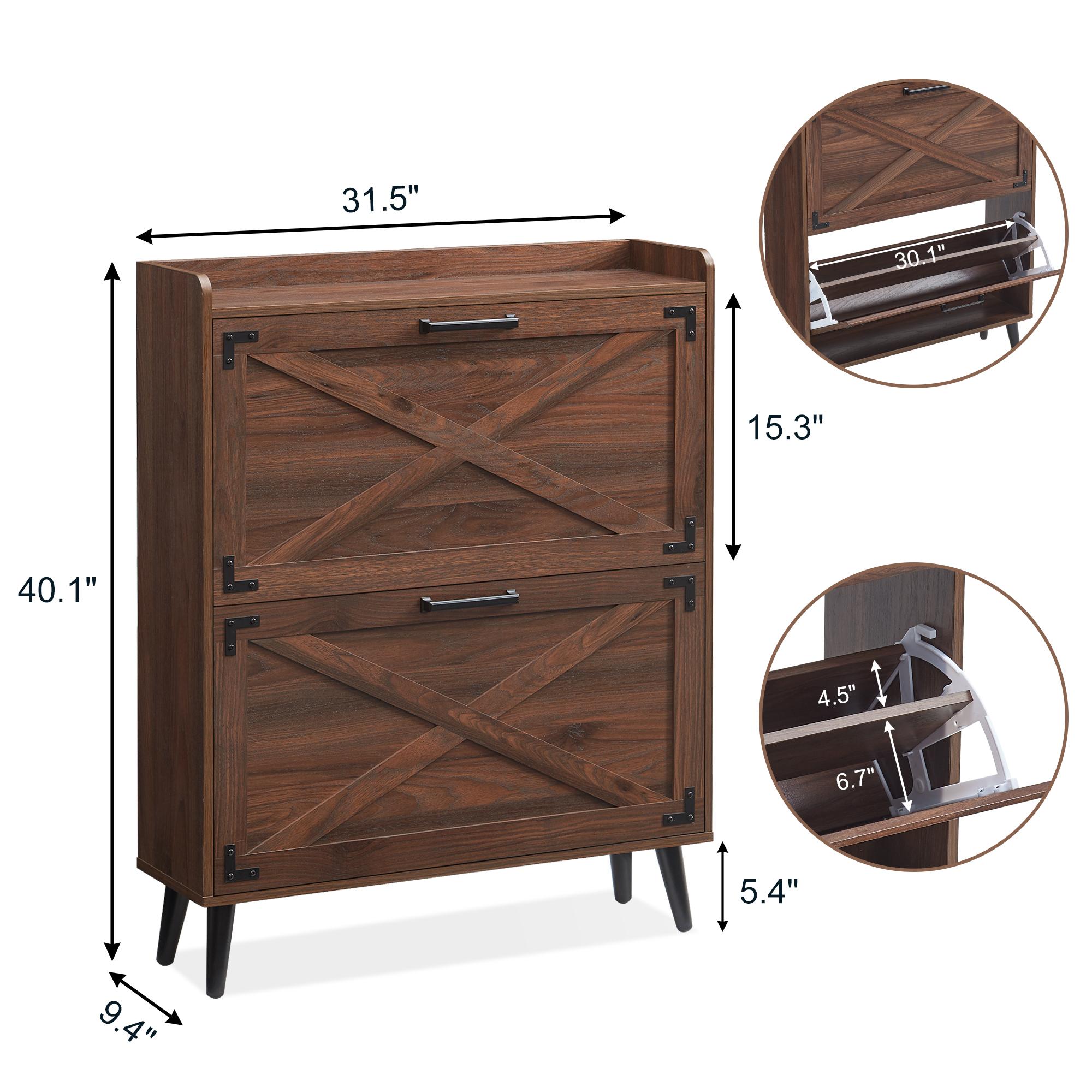 Farmhouse Shoe Storage Cabinet with 2-4 Flip Drawers & Barn Door Design - Freestanding Slim Narrow Shoe Organizer for Entryway, Foyer & Hallway