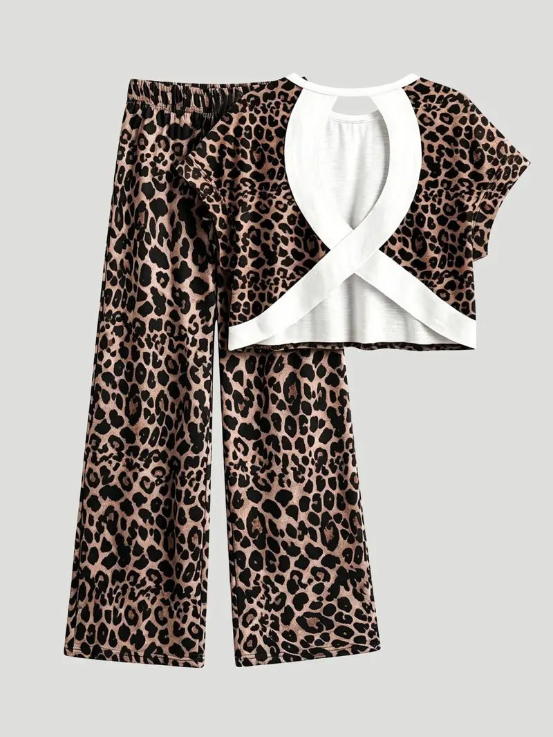 Women's Leopard Print Casual Loungewear Homewear Pajamas Two-Piece Set, Round Neck Short Sleeve Backless Top & Lounge Long Pants, Comfortable Wear, Casual Loungewear Sleepwear Women's Leopard Print Casual Loungewear Homewear Pajamas Two-Piece Set, Round Neck Short Sleeve Backless Top & Lounge Long Pants, Comfortable Wear, Casual Loungewear Sleepwear