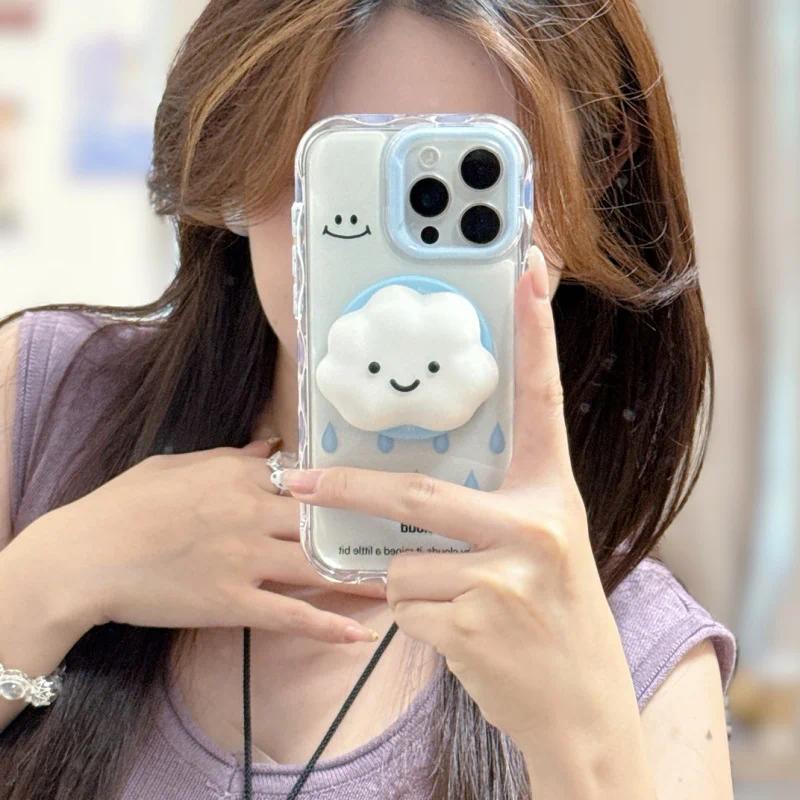 Cute 3D Cloud For Magsafe Griptok Phone Holder Support For iPhone 15 16 Foldable Wireless Charging Case Stand Girl Bracket