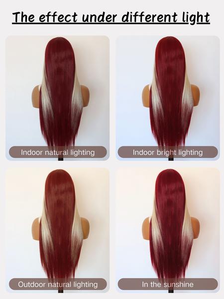 Burgundy With Blonde Highlights Lace Front Wig, Wine Red 13x4 Lace Front Wig,Heat-resistant Synthetic Fiber Wigs,Cosplay Halloween Party Use (28 Inch)