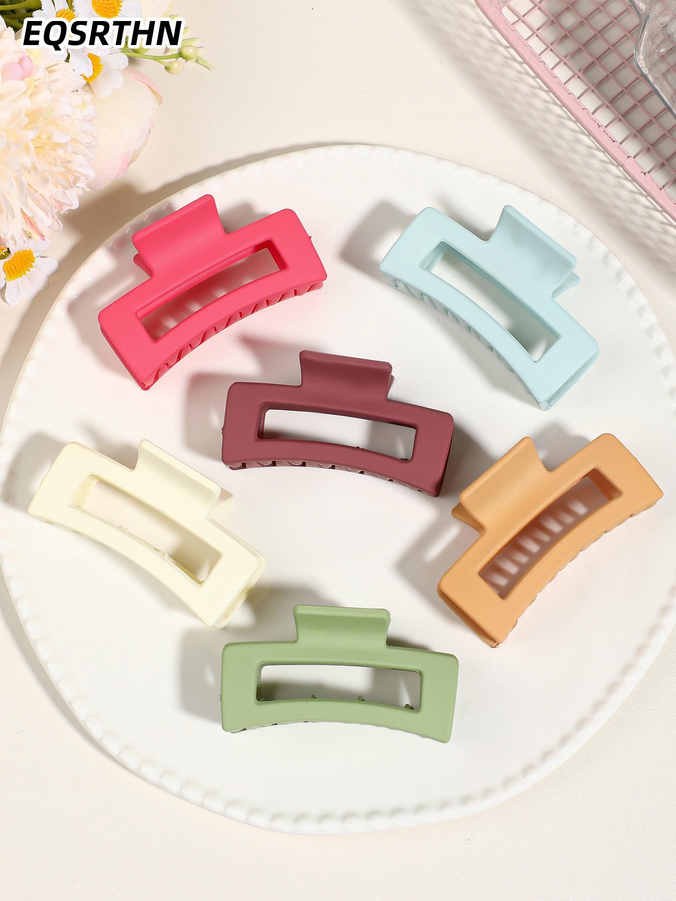 6 pcs elegant rectangular female hair clip-sweet geometric design, solid color (green, blue, white, light pink, dark purple, ginger), plastic material, very suitable for Valentine's Day or daily style, cute hair clip, Hair Claws Set