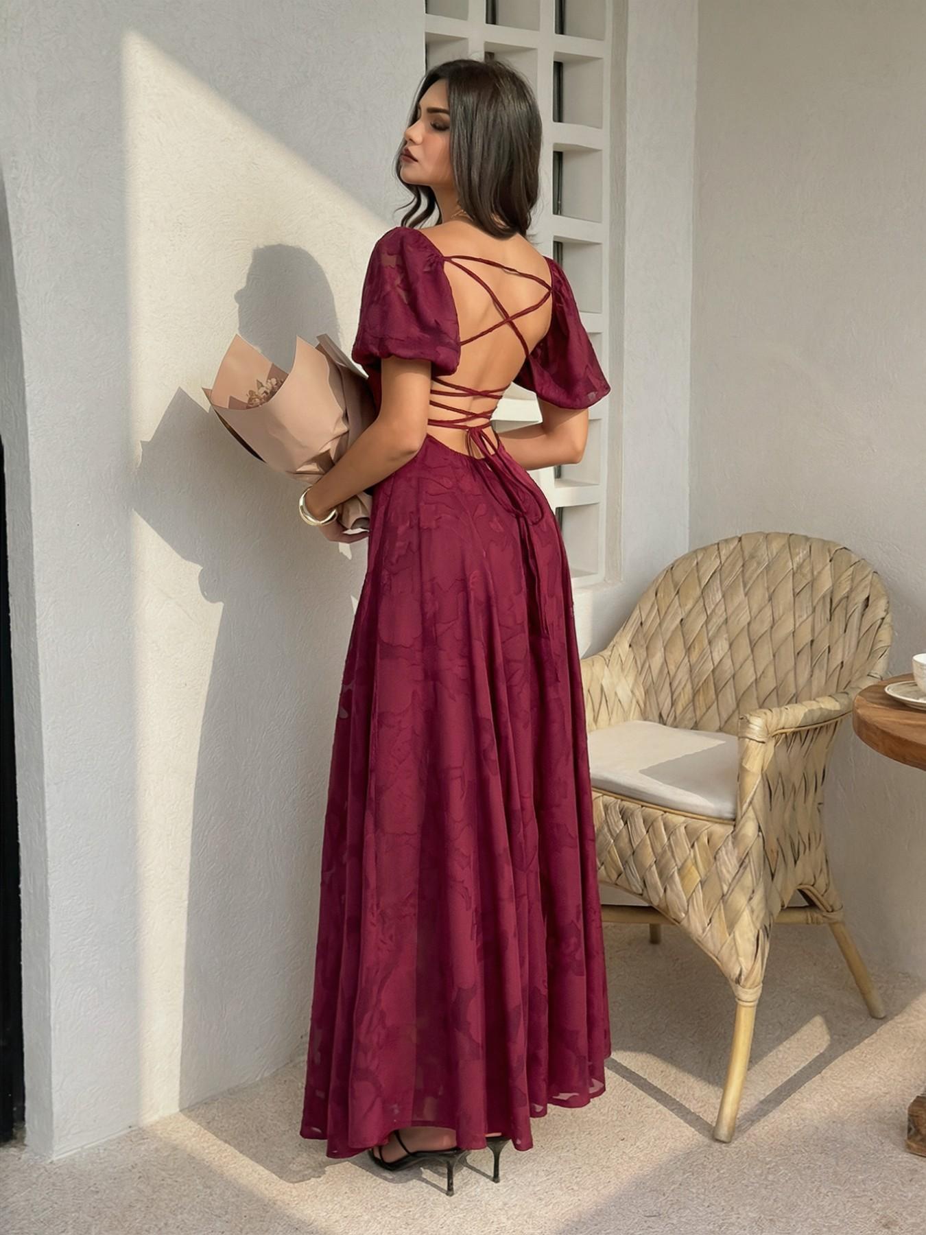 Pure Color Jacquard Square Neck Bubble Sleeve Dress, Back Crossed Tie French Vintage Wedding Banquet Atmosphere Dress