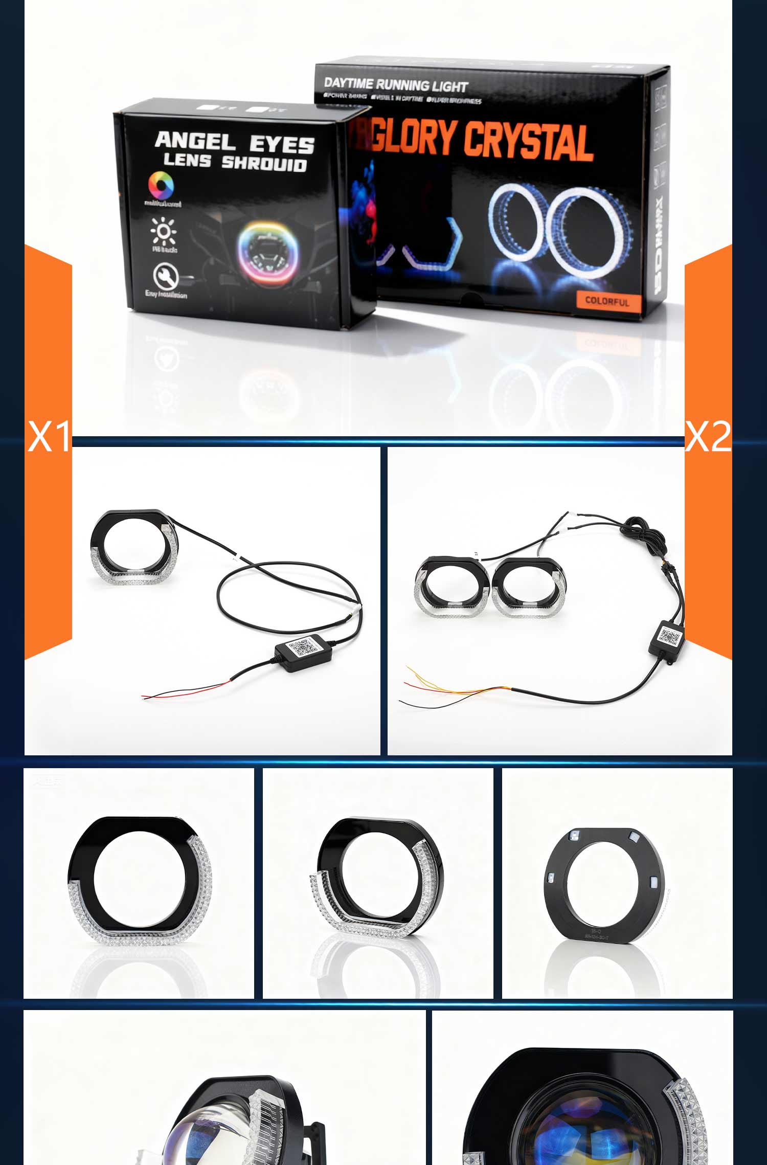 2PCS 5D RGB Angel Eyes Halo Rings Lights with Turn Signal Lights APP Bluetooth LED Motorcycle Retrofit DRL Car Headlight 12V