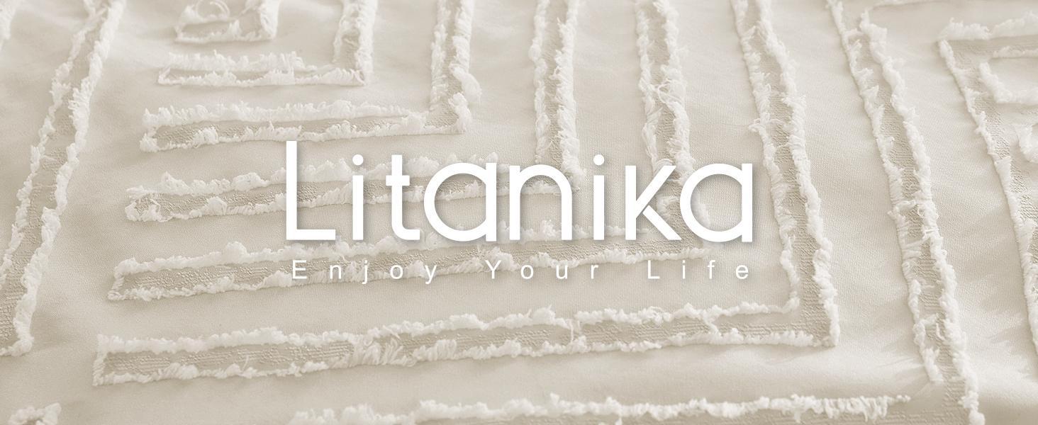 Litanika 3-Piece Comforter Set - Lightweight Fluffy Boho Farmhouse Bedding Queen King Full Sizes Hand-Tufted Geometric Stitching Neutral Two-Tone Design Microfiber Backing Breathable Fill
