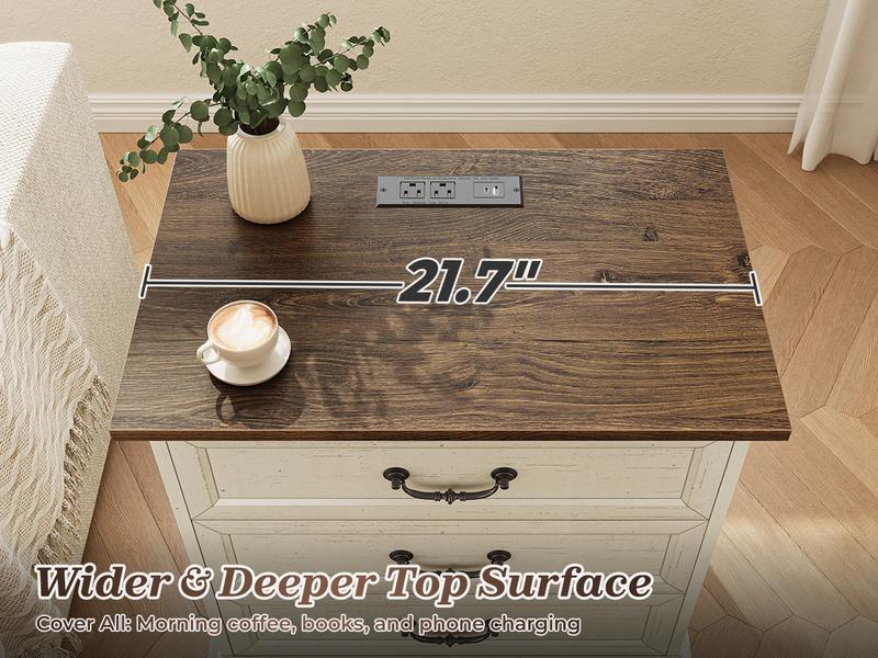 Huuger Nightstand with Charging Station, 3 Drawer Night Stand, 22 Inch Wider Side Table with Storage, Farmhouse Nightstand with Vintage Handles, Thicken Base, for Bedroom Huuger Nightstand with Charging Station, 3 Drawer Night Stand, 22 Inch Wider Side Table with Storage, Farmhouse Nightstand with Vintage Handles, Thicken Base, for Bedroom