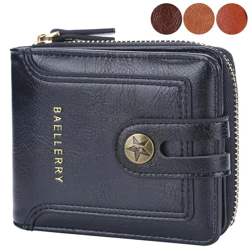Vintage Short Wallet for Men Multi Card Slots Holder Bifold Purse Snap Closure Zipper Coin Pocket Portable for Daily Use