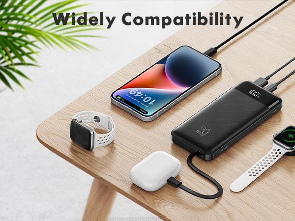 Charmast 20,000mAh Ultra-Slim Power Bank with 20W Fast Charging & Built-in Cables Portable Charger for Smartphones Tablets & USB-C Devices Rechargeable Battery Pack Black Compact Digital Gadgets