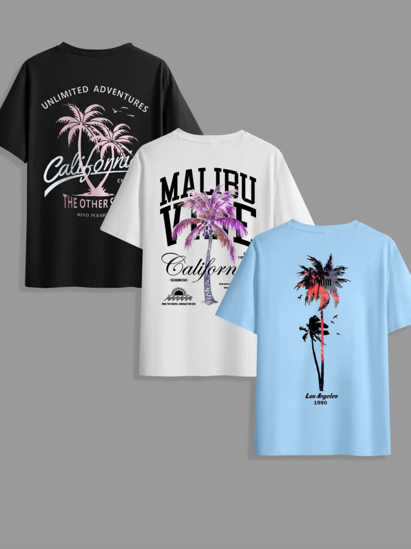 Men's Casual Street Style Tropical Coconut Tree Print Short Sleeve Set, Loose-Fitting T-Shirt, Perfect for Outdoors and Leisure