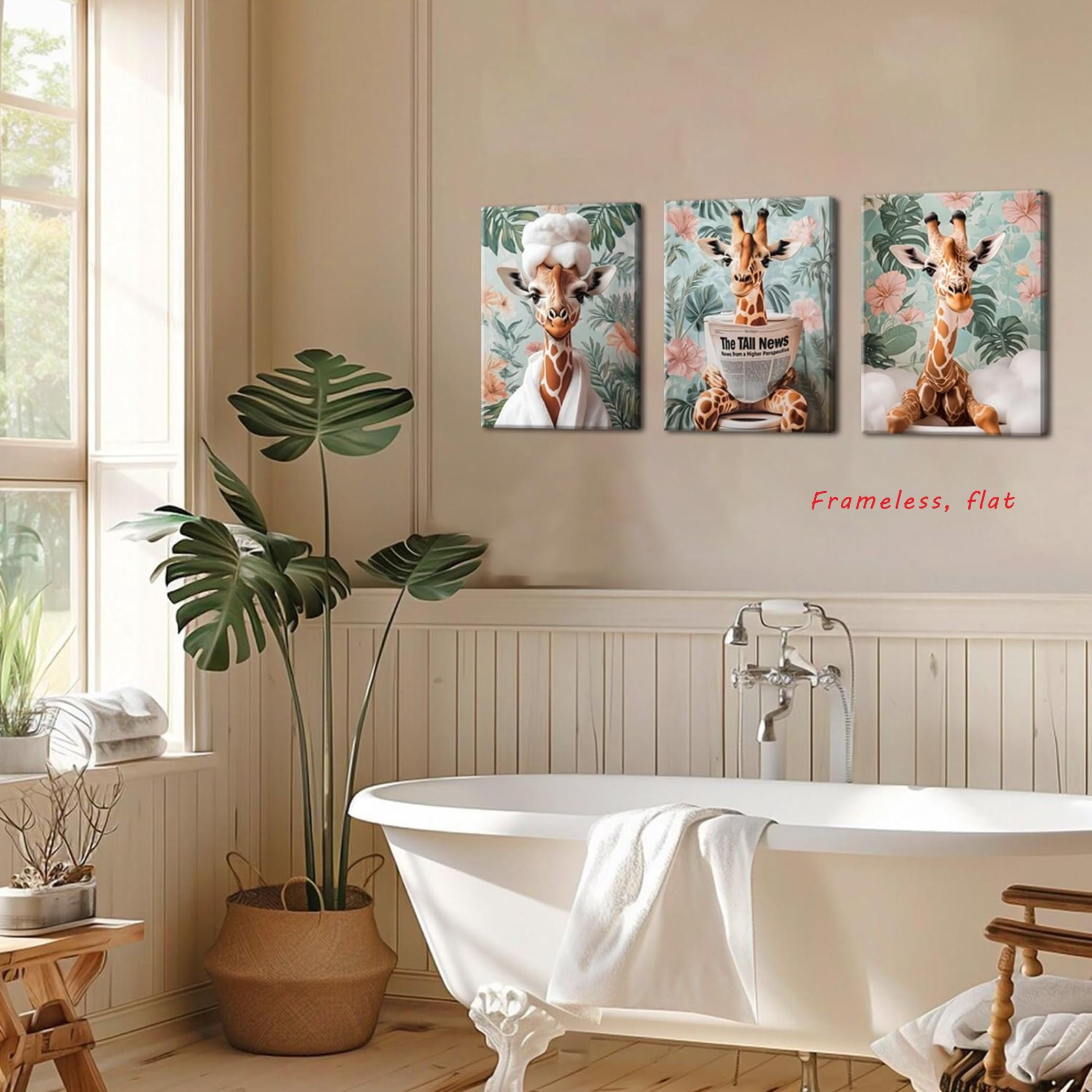 3-Piece Set / Giraffe Wall Art Playful giraffe animal poster with floral background Bathroom decor Modern farmhouse style Frameless wall decor