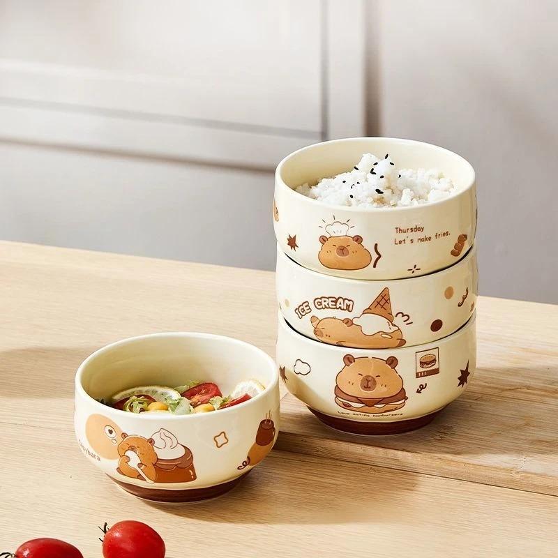 4 Pcs Cute Kapibala Ceramic Bowl Cartoon Anti-scald Soup Bowl Home Kitchen Noodle Ramen Tableware Bowl