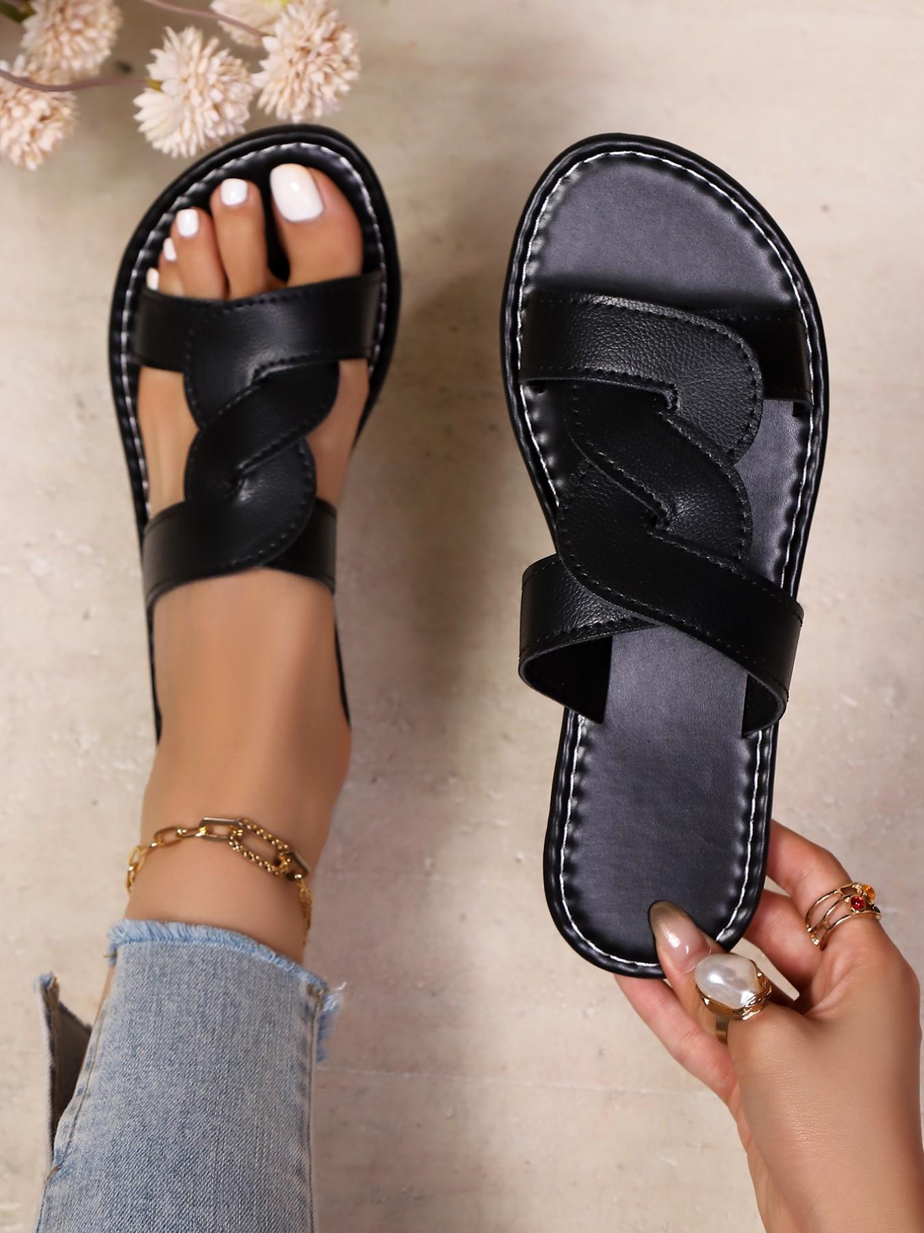 Lazy One-Step Slip-On Sandals for Women, Open-Toe Soft Sole, Casual PU Leather, Rubber Sole, Summer Outdoor Wear, 2026
