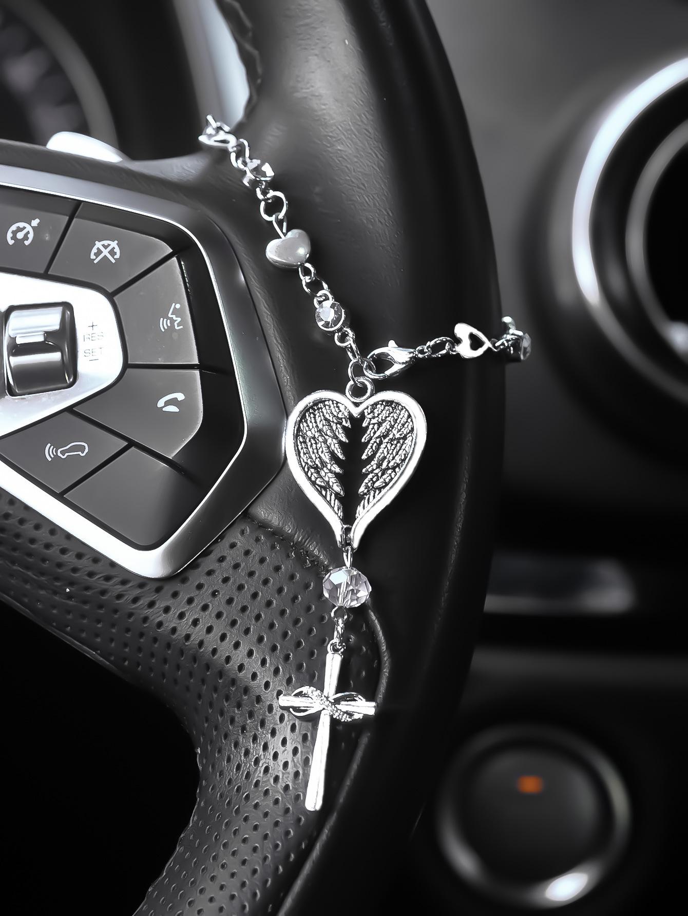 Guardian Angel Heart-shaped Steel-colored Wings Steering Wheel Charm Cross Pendant Accessory
