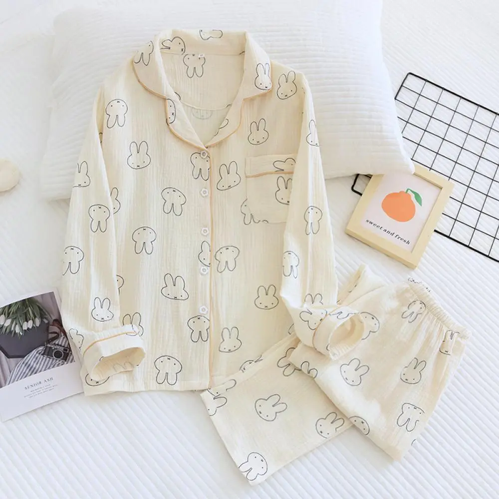 Miffy all-cotton pajamas for women Spring and summer kawaii cardigan long-sleeved suit collar cotton gauze home wear set