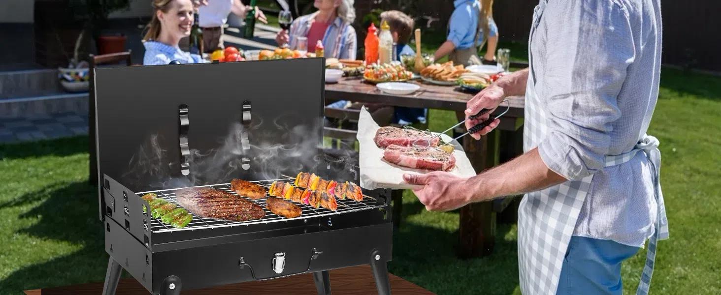 GEEKHOM Portable Charcoal Grill, Outdoor Small BBQ Grill with Barbecue Accessories, Folding Camping Grill for Outdoor Cooking Travel Picnic Patio Beach Hiking Park, Height Adjustable for 3 to 5 People