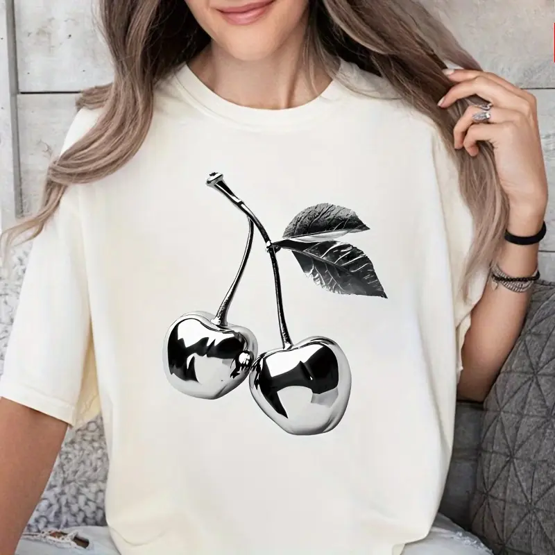 Chrome Metallic Cherry Graphic Cotton T‑Shirt, Oversized Comfort Cute Fashion Outfit Tee, Best Holiday Gift for Lovers Family Friends, Valentine’s Day Gift for Him Her