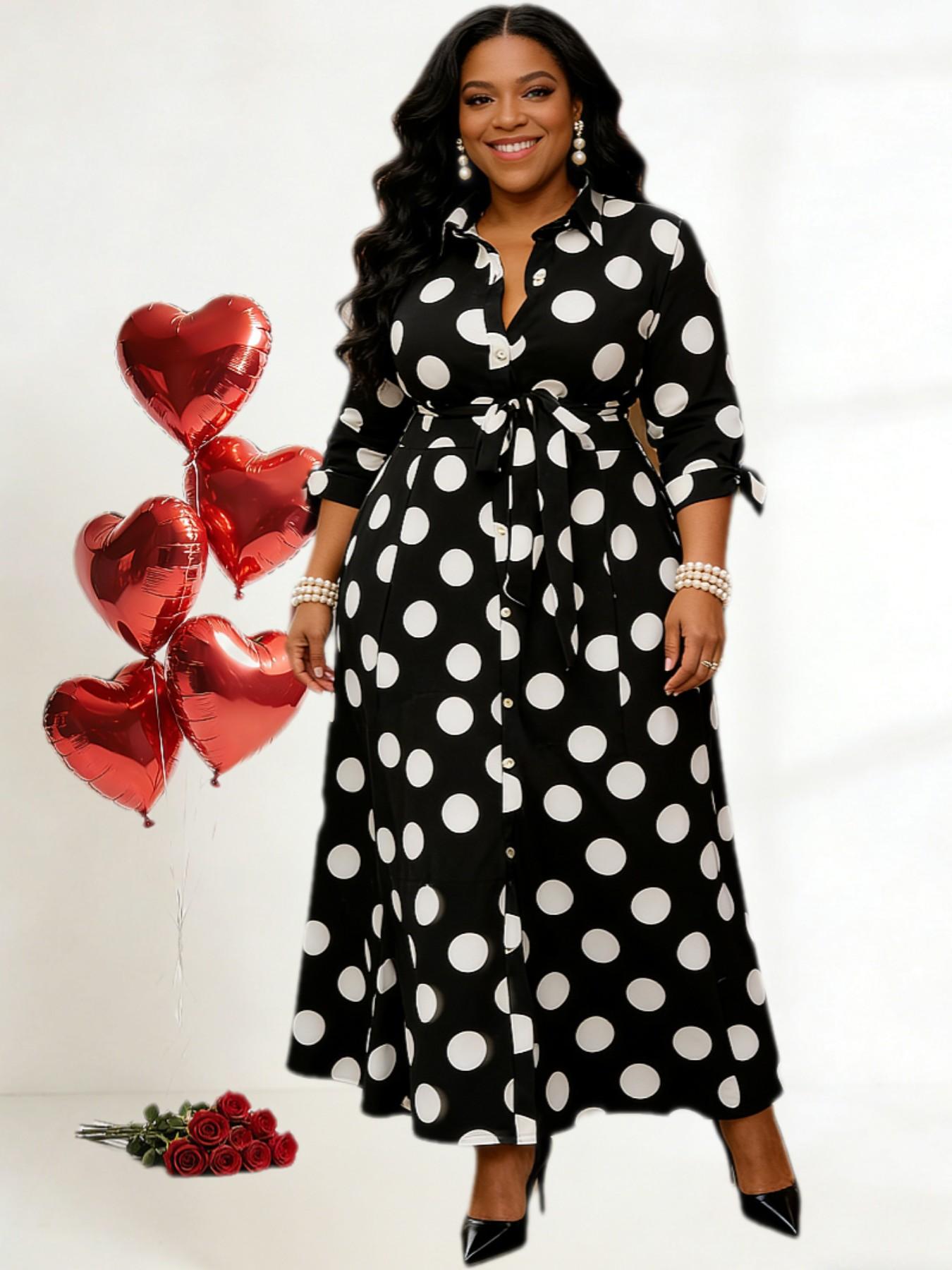 Plus Size Polka Dot Print Belted Button Front Shirt Dress, Elegant 3/4 Sleeve Tie Front High Waist Long Dress for Vacation Holiday Party, Women's Clothes for Summer Plus Size Polka Dot Print Belted Button Front Shirt Dress, Elegant 3/4 Sleeve Tie Front High Waist Long Dress for Vacation Holiday Party, Women's Clothes for Summer