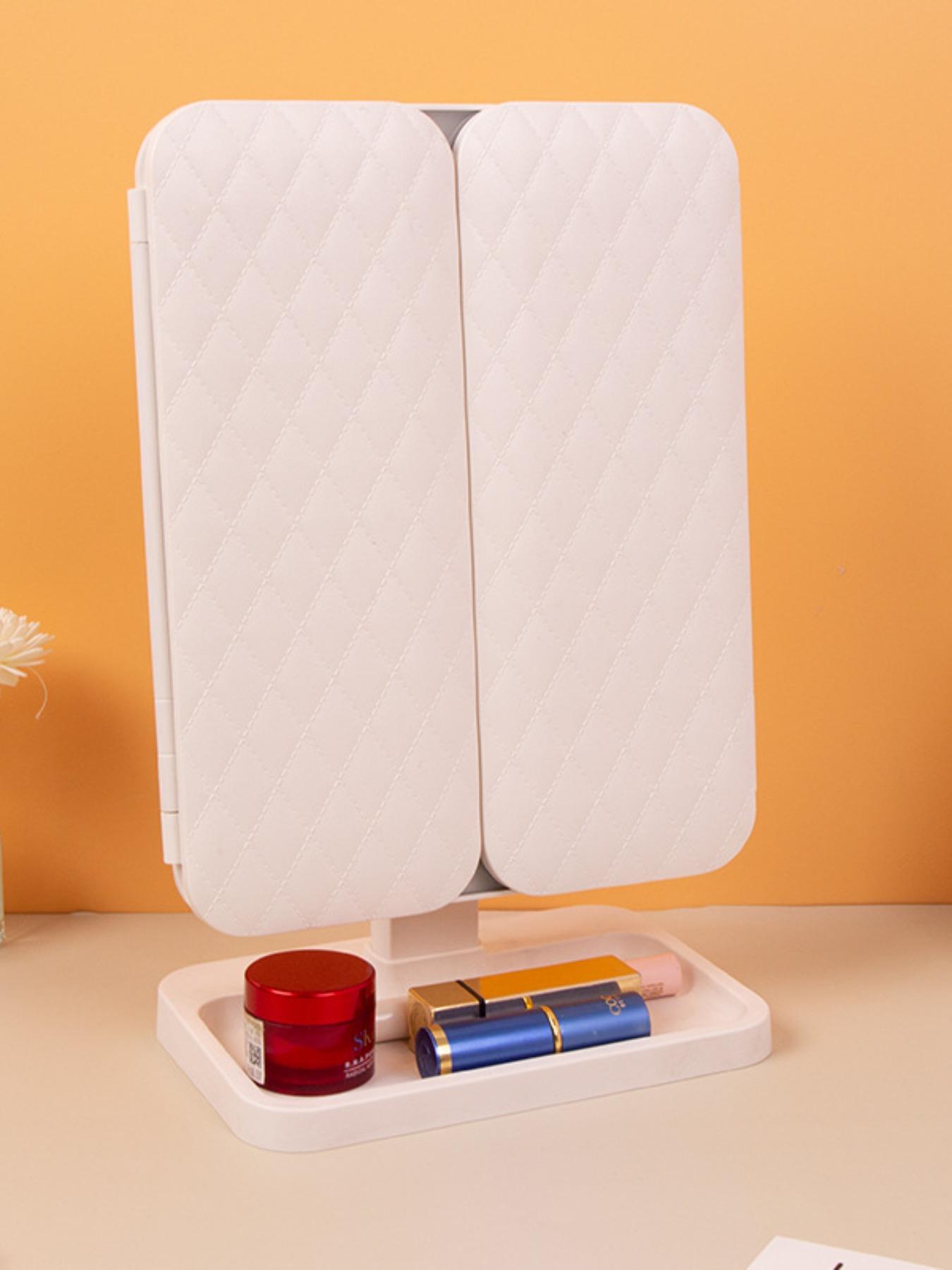 Diamond Pattern Three-Fold with Portable Storage Box, Standing Beauty Mirror for Bedroom Bathroom, Vanity Mirror, Travel Makeup Mirror