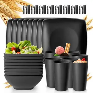 Black 24-Piece With Flatware Kitchen Plastic Wheat Straw Square Dinnerware Set for 8, Includes Snack Bowls, Tumblers, Dishwasher Safe