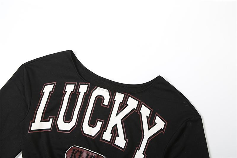 DOUCIU  Trendy Personality High Street Cool Hip-Hop Versatile Women'S Letter Printing Cross-Shoulder Long Sleeves Short Crop-top T-Shirt