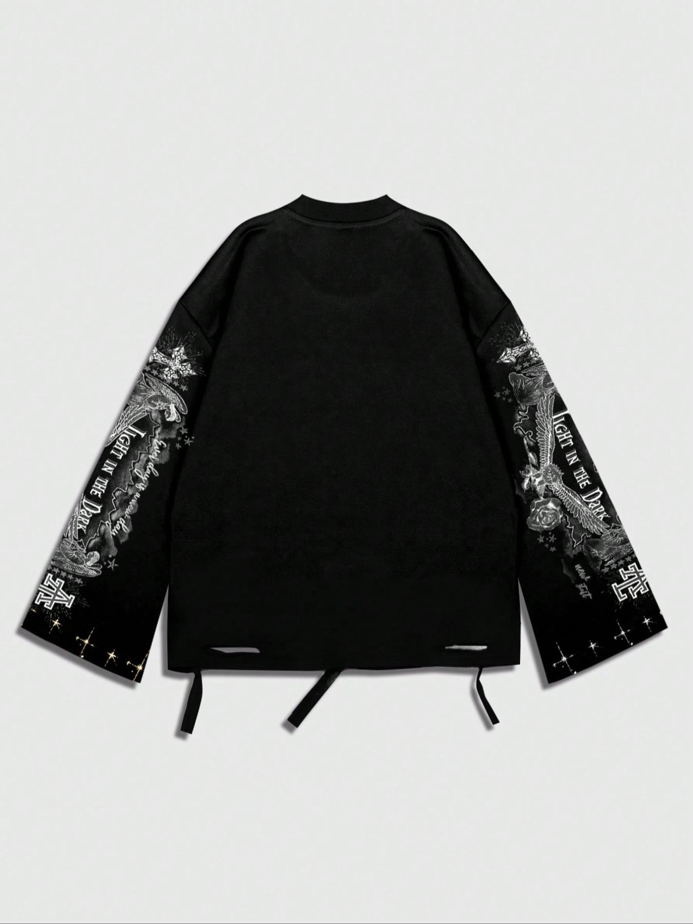 Men's Vintage Casual Streetwear Street Style Saint Print Long Sleeve Round Neck T-Shirt, Loose-Fitting Short Fit, Fall 2000s Fashion