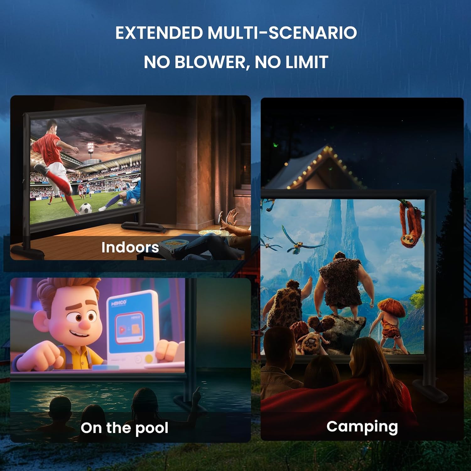 Inflatable Projector Screen - No Blower Silent Design & Black Backing, Indoor Outdoor Movie Night for Pool Parties/Camping