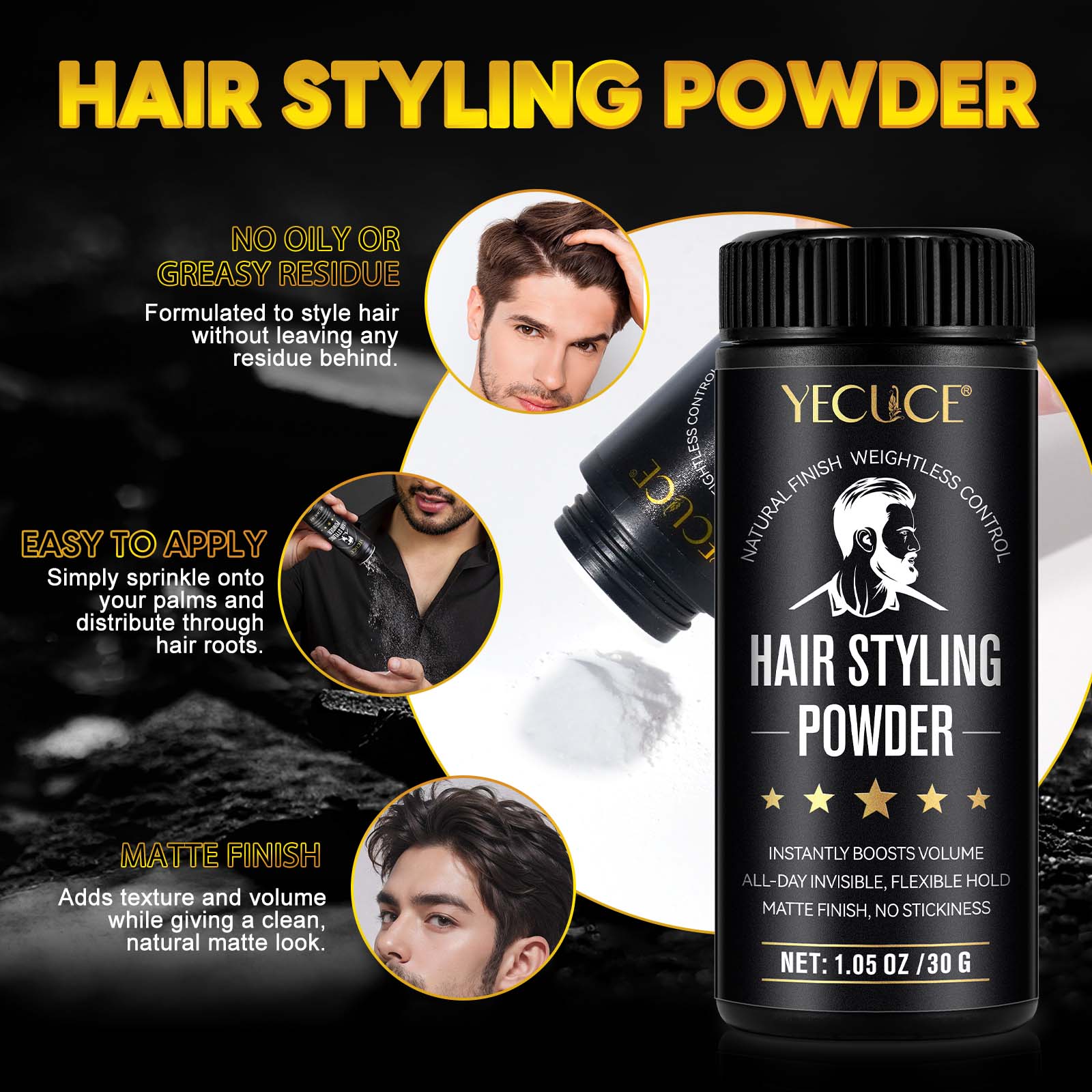 Yecuce Men's Hair Styling Powder 30g, Volumizing Powder, Matte Finish, Natural Look, Enhances Dry Hair Texture, Perfect for Pompadour Style