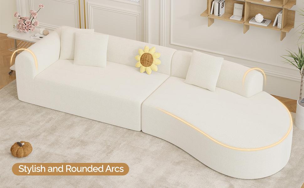 【Shipped in Two Packages】Modern Style Curved Sofa, Upholstery Corduroy Sofa Couch with 3 Pillows, Oversized Sleek Curved Sectional Boucle Fabric Couch for Living Room White 【Shipped in Two Packages】Modern Style Curved Sofa, Upholstery Corduroy Sofa Couch with 3 Pillows, Oversized Sleek Curved Sectional Boucle Fabric Couch for Living Room White