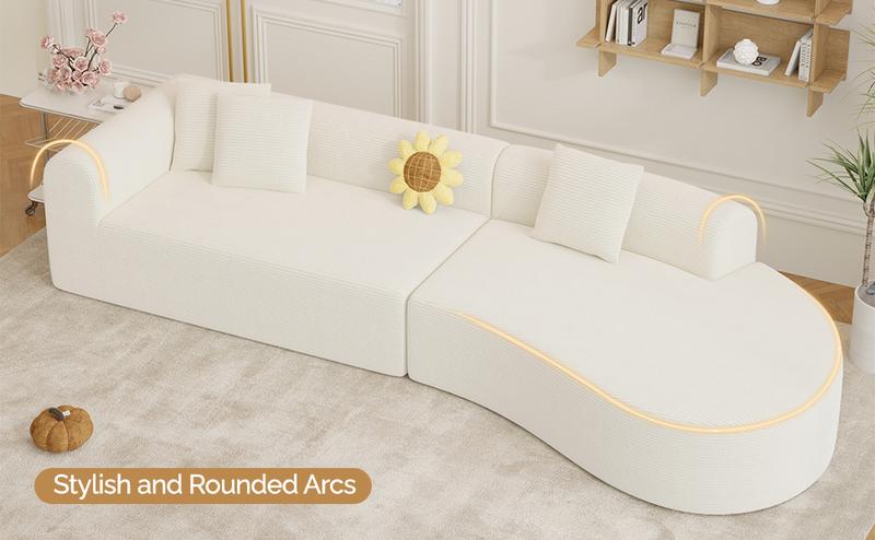 【Shipped in Two Packages】Modern Style Curved Sofa, Upholstery Corduroy Sofa Couch with 3 Pillows, Oversized Sleek Curved Sectional Boucle Fabric Couch for Living Room White