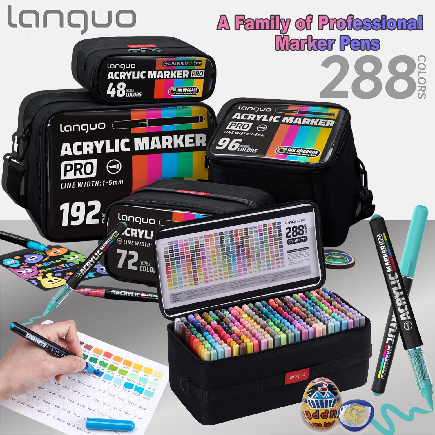 Languo Upgrade Soft Tip Acrylic Markers, 48/72/96/192/288 Colors, Metal Ball Mixer, 60% Coverage, 720° Elastic Tip, DIY Arts and Crafts Supplies